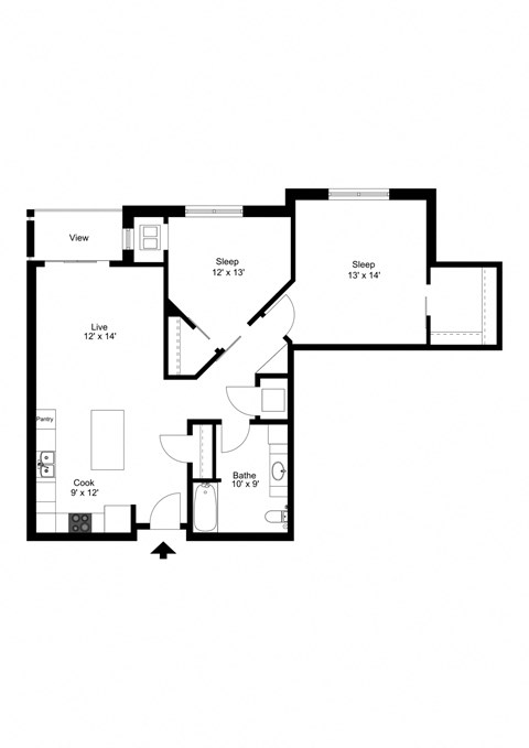 Floor plan for 2 beds, 1 bath, 1069 sqft